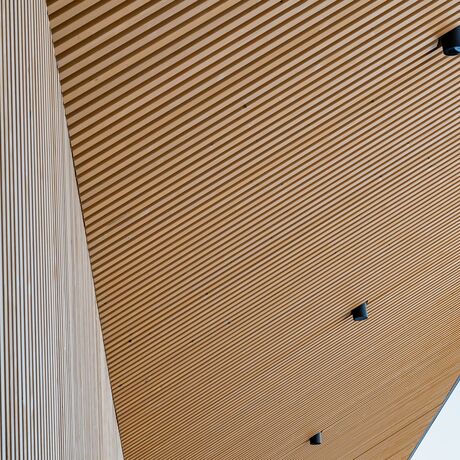 Gebr. Eisenring AG, 5-0293, Fassade, Weisstanne, Akustik 80/80, gehobelt, colorshield impralan Lasur T400, Farbton Sand